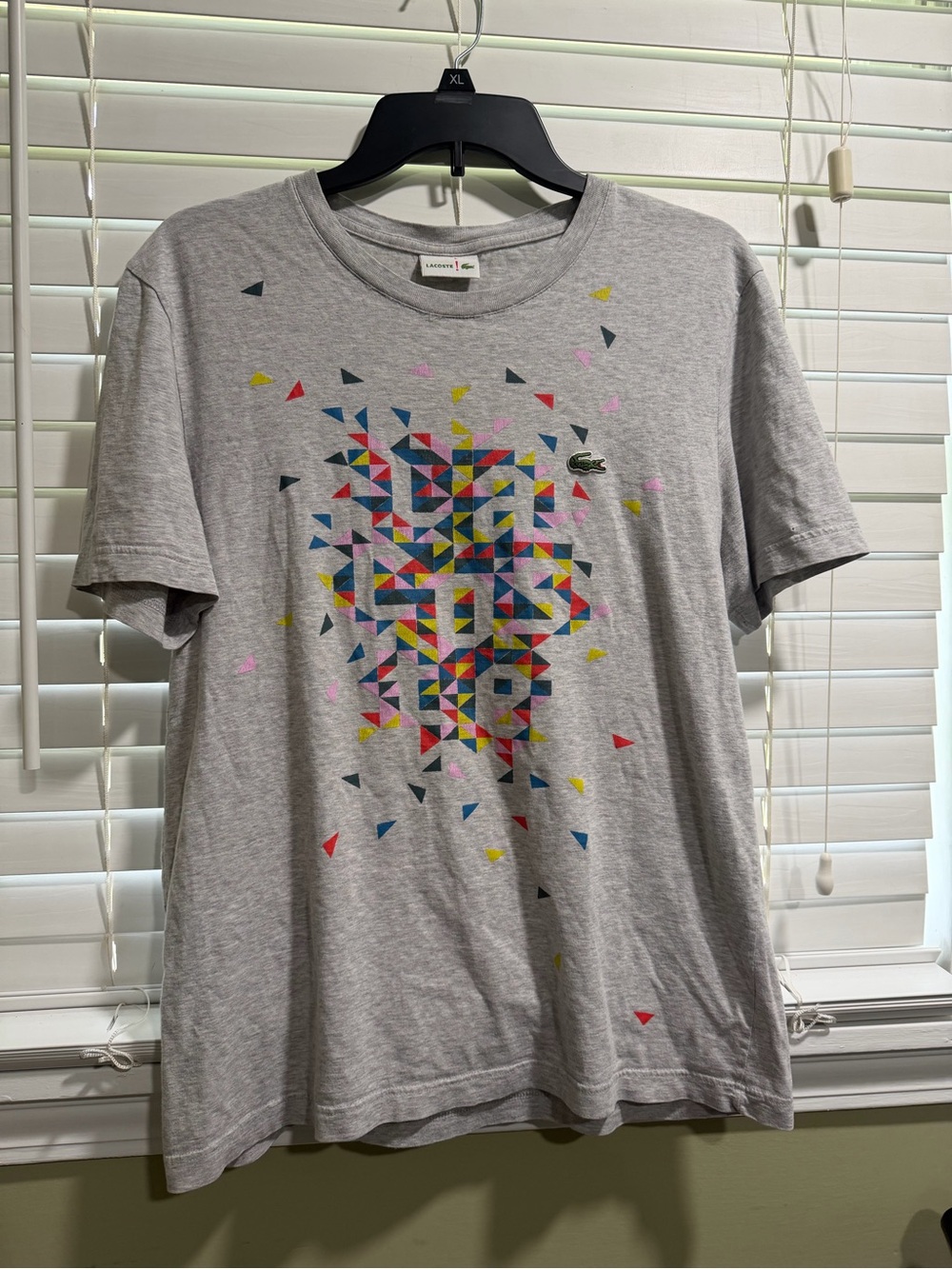 Lacoste Gray Short Sleeve Tee with Multicolor Geometric Print